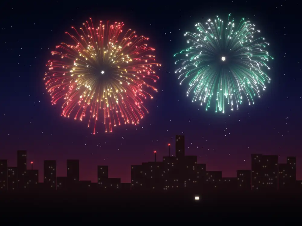 Red and green fireworks over a city skyline