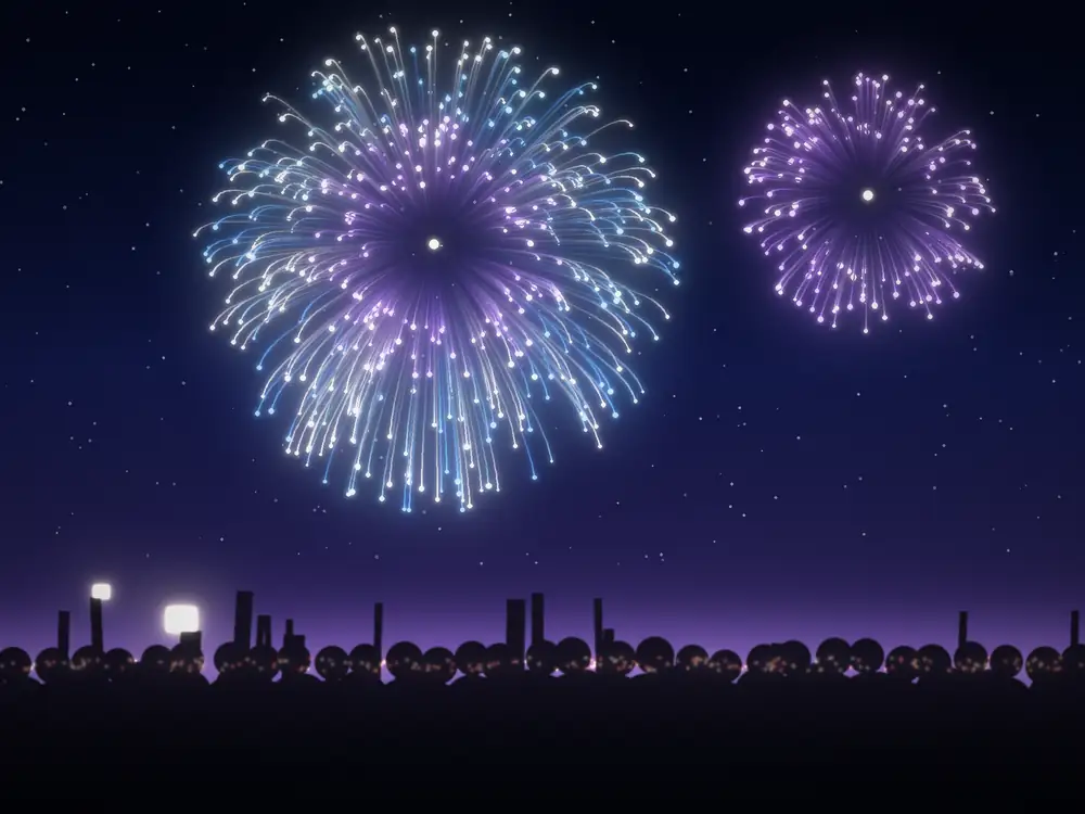 Blue and violet fireworks above a crowd of spectators