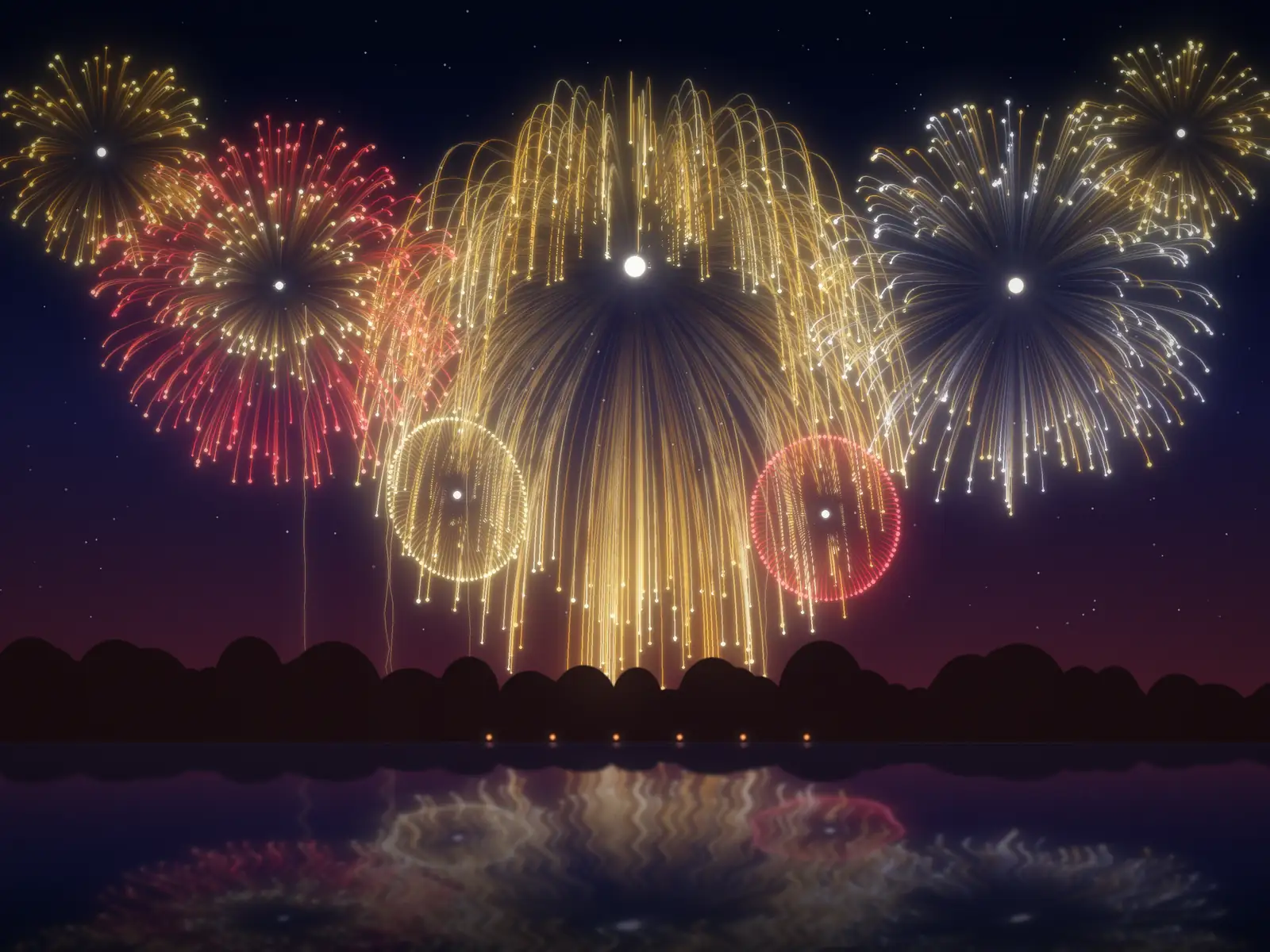 A layered gold, red and white fireworks finale reflected in the water