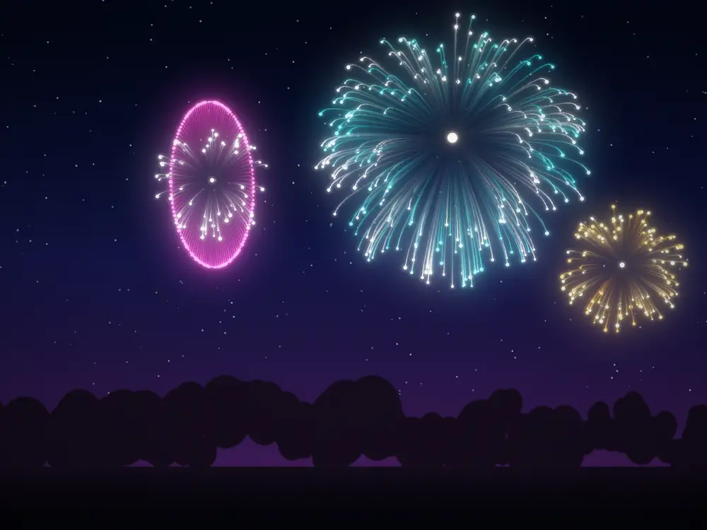 A magenta ring and a teal chrysanthemum burst over a tree line