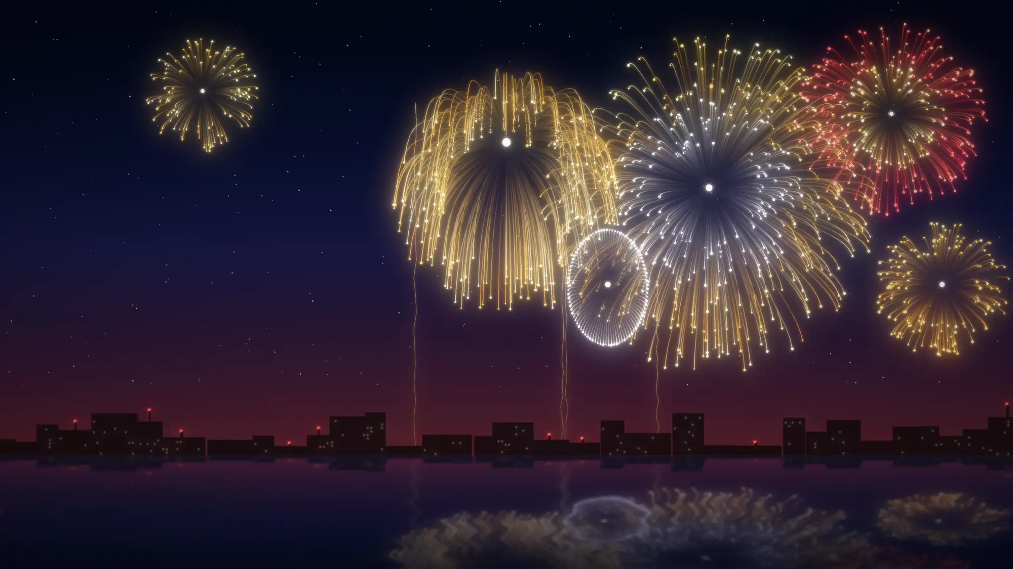 A large fireworks finale in gold, white and red above a waterfront skyline at night