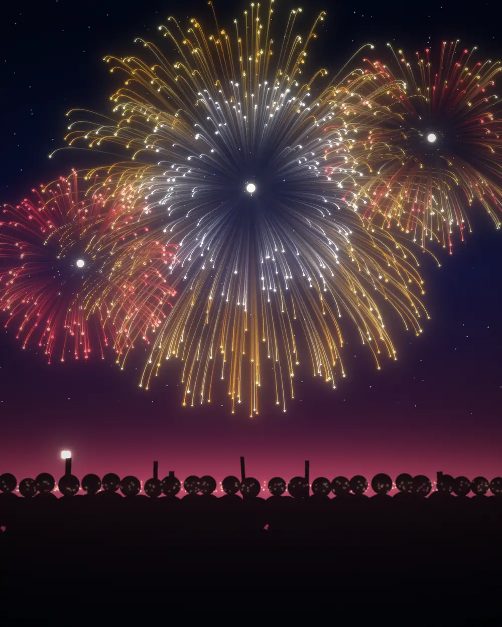 An audience watching a golden fireworks finale burst overhead