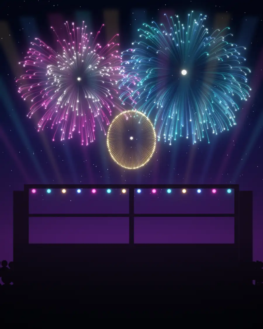 Magenta and teal fireworks above a concert stage with light beams