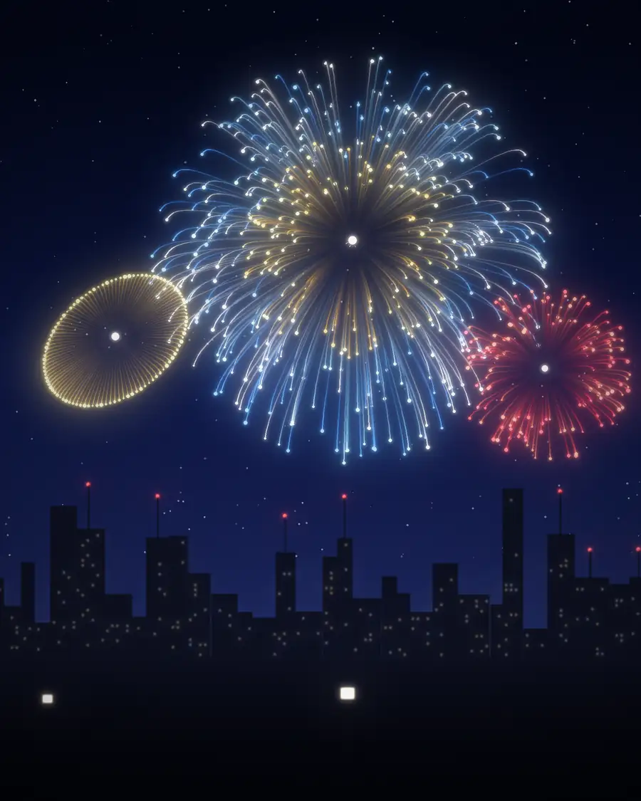 Blue and gold fireworks bursting above a city skyline