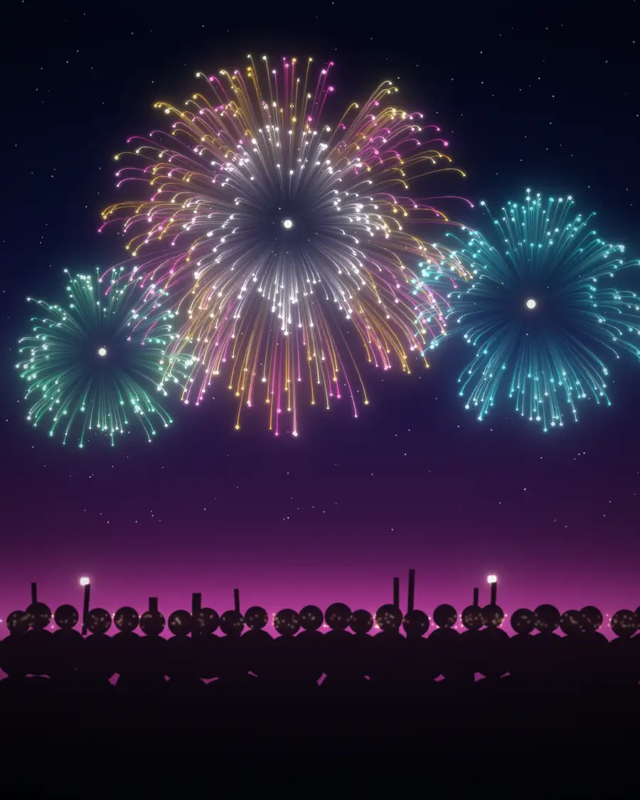 Colourful fireworks over a festival crowd holding up their phones