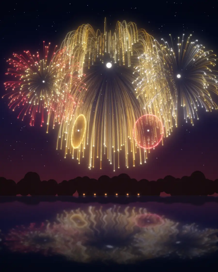 A layered fireworks finale reflected in open water