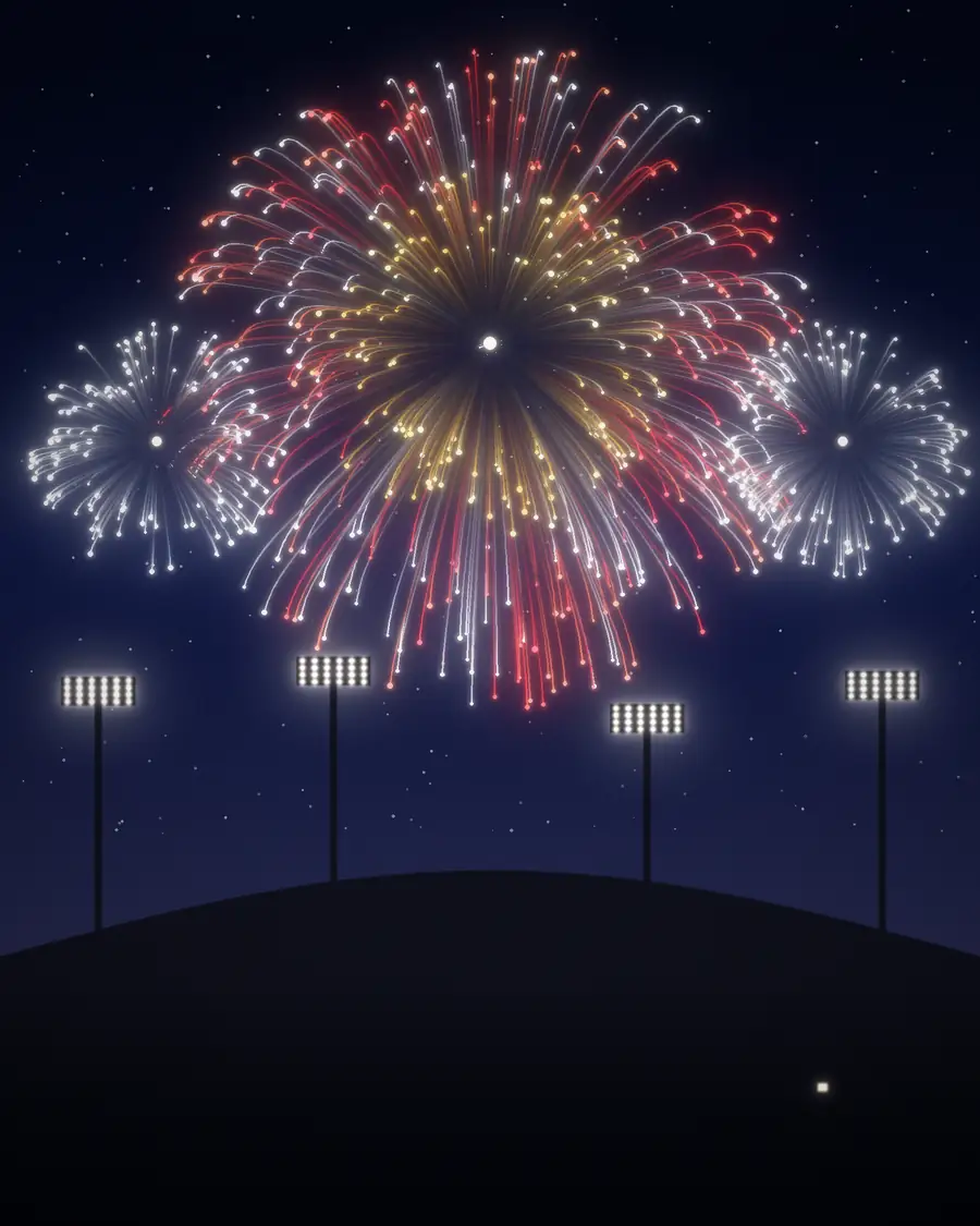 Red and white fireworks above a floodlit stadium