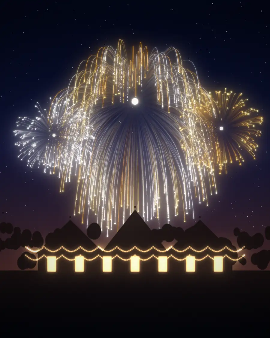 Golden fireworks rising above a lit wedding marquee